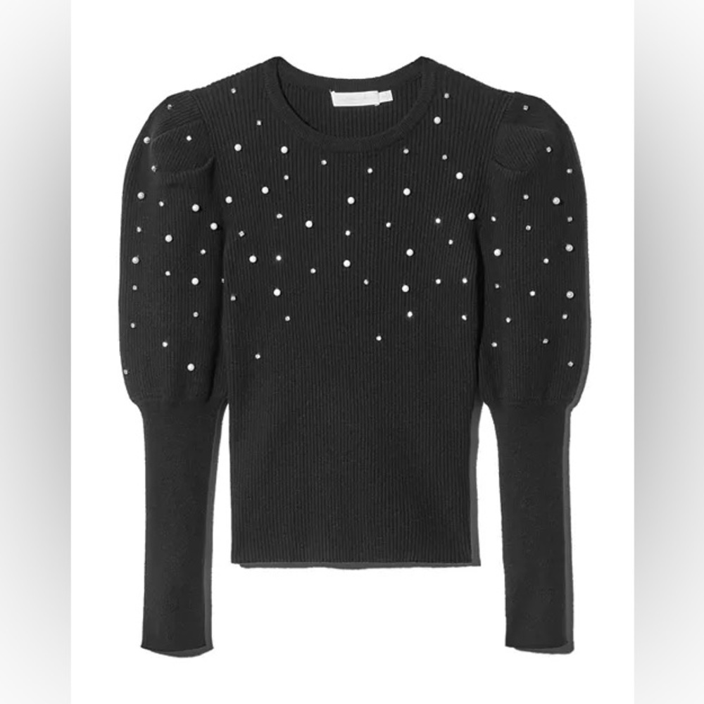 Jonathan Simkhai Embellished Juliet Sleeve Sweater Black with Pearl Details